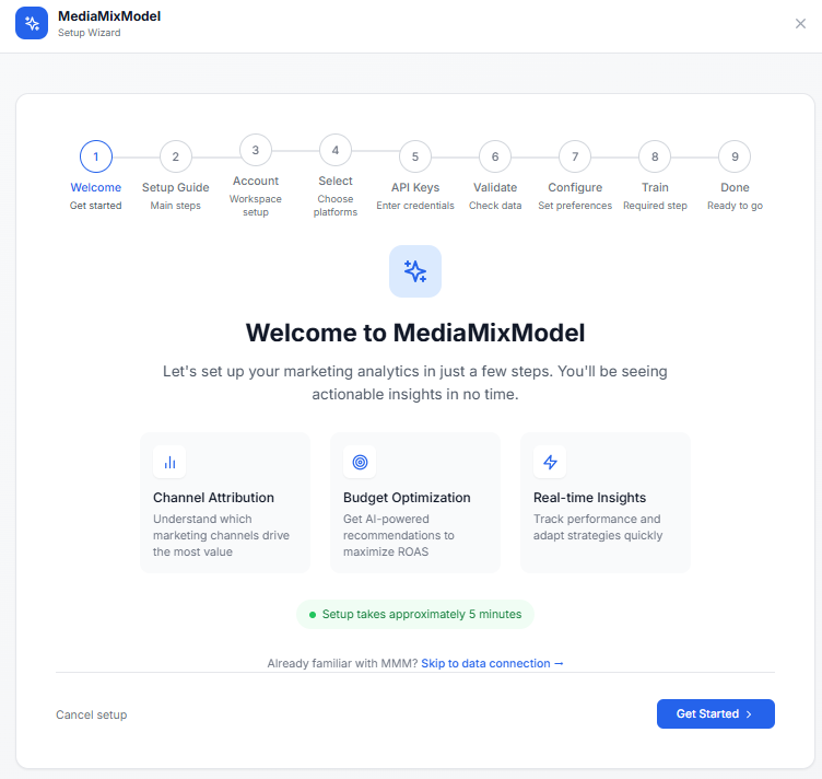 Media Mix Model workflow setup showing data connectors and pipeline steps