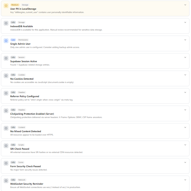 Security findings list with remediation guidance