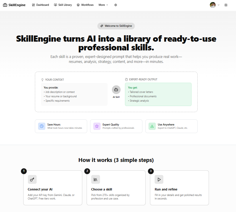 SkillEngine Home Dashboard showing skill categories and how it works flow
