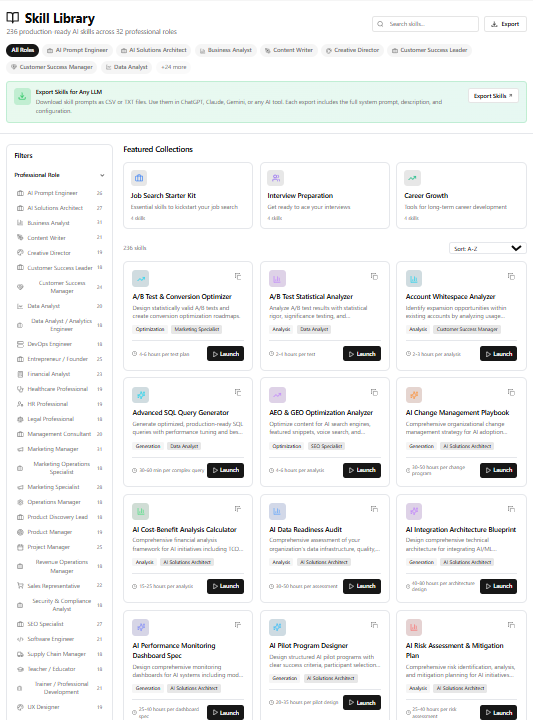 SkillEngine Skill Library with 236 skills across 32 professional roles