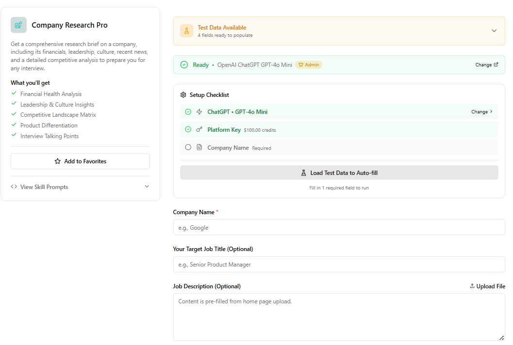 SkillEngine Skill Runner with setup checklist and input form