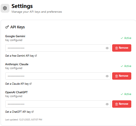 SkillEngine Settings showing API key management for multiple AI providers